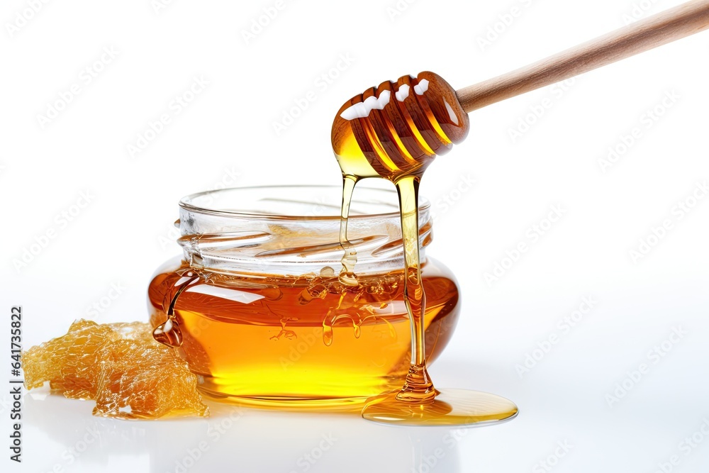 Sweet delights. Golden honey and wooden stick on white background isolated. Pure goodness. Fresh organic in glass pot. Liquid gold Sweet delights. Golden honey and wooden stick on white background isolated. Pure goodness. Fresh organic in glass pot. Liquid gold
