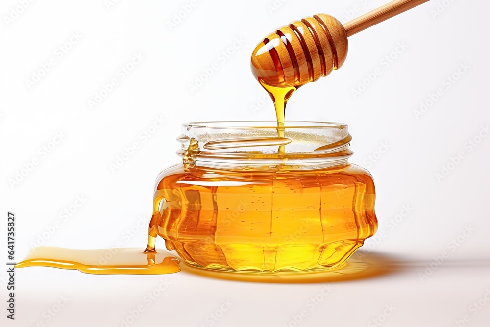 Sweet delights. Golden honey and wooden stick on white background isolated. Pure goodness. Fresh organic in glass pot. Liquid gold Sweet delights. Golden honey and wooden stick on white background isolated. Pure goodness. Fresh organic in glass pot. Liquid gold