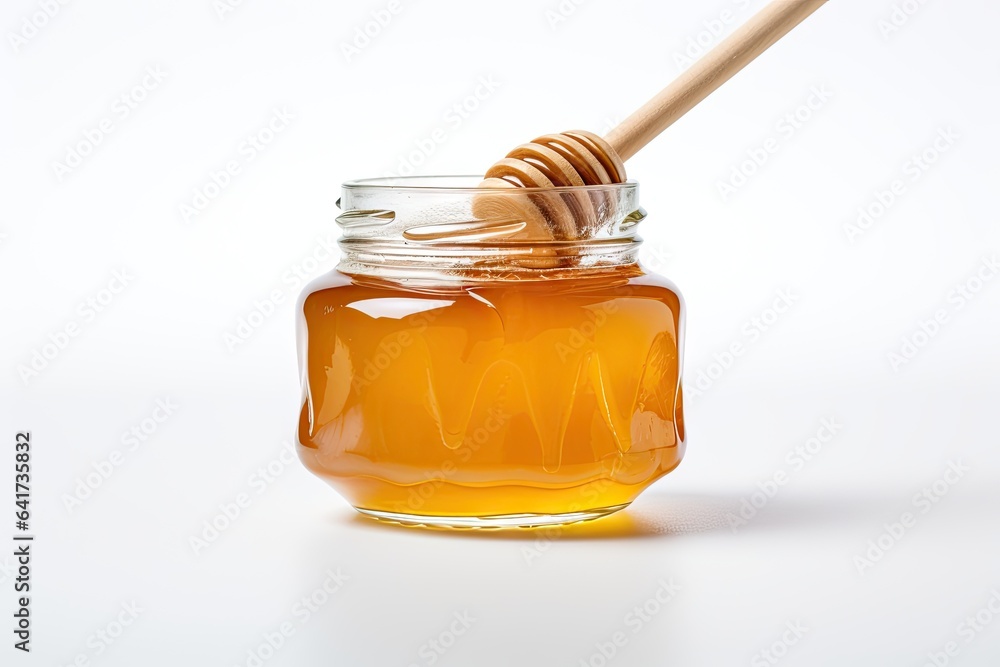 Sweet delights. Golden honey and wooden stick on white background isolated. Pure goodness. Fresh organic in glass pot. Liquid gold Sweet delights. Golden honey and wooden stick on white background isolated. Pure goodness. Fresh organic in glass pot. Liquid gold