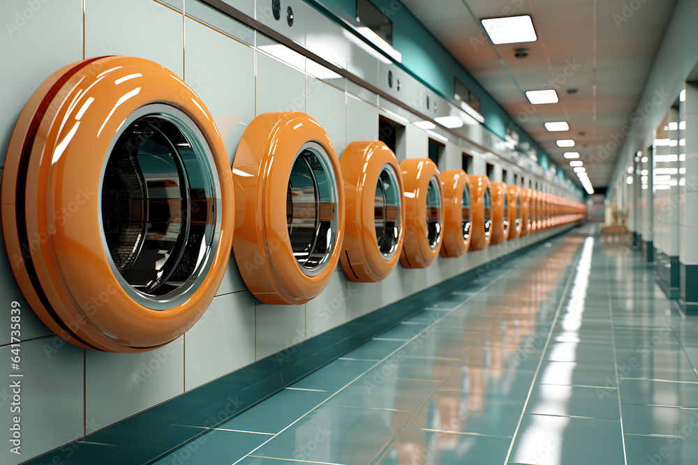 A row of industrial washing machines in a public laundromat A row of industrial washing machines in a public laundromat