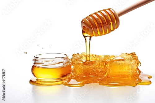 Sweet delights. Golden honey and wooden stick on white background isolated. Pure goodness. Fresh organic in glass pot. Liquid gold
