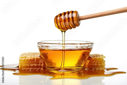 Sweet delights. Golden honey and wooden stick on white background isolated. Pure goodness. Fresh organic in glass pot. Liquid gold
