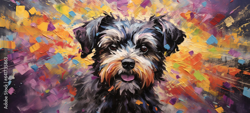 Animal portrait head art - Colorful abstract oil acrylic painting illustration of colorful terrier dog , pallet knife on canvas