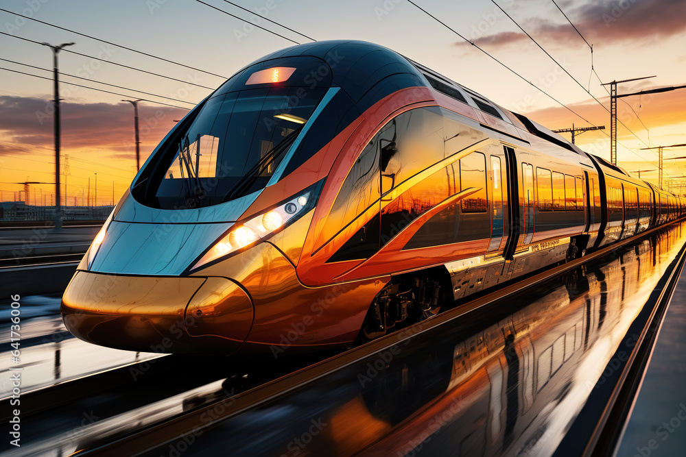 High speed train in motion on the railway station at sunset. Fast moving modern passenger train on railway platform. Railroad with motion blur effect. Commercial transportation.