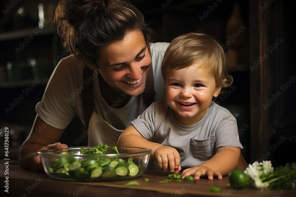 mother and child preparing salad