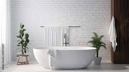 Modern Bathroom with White Bathtub and Sink.