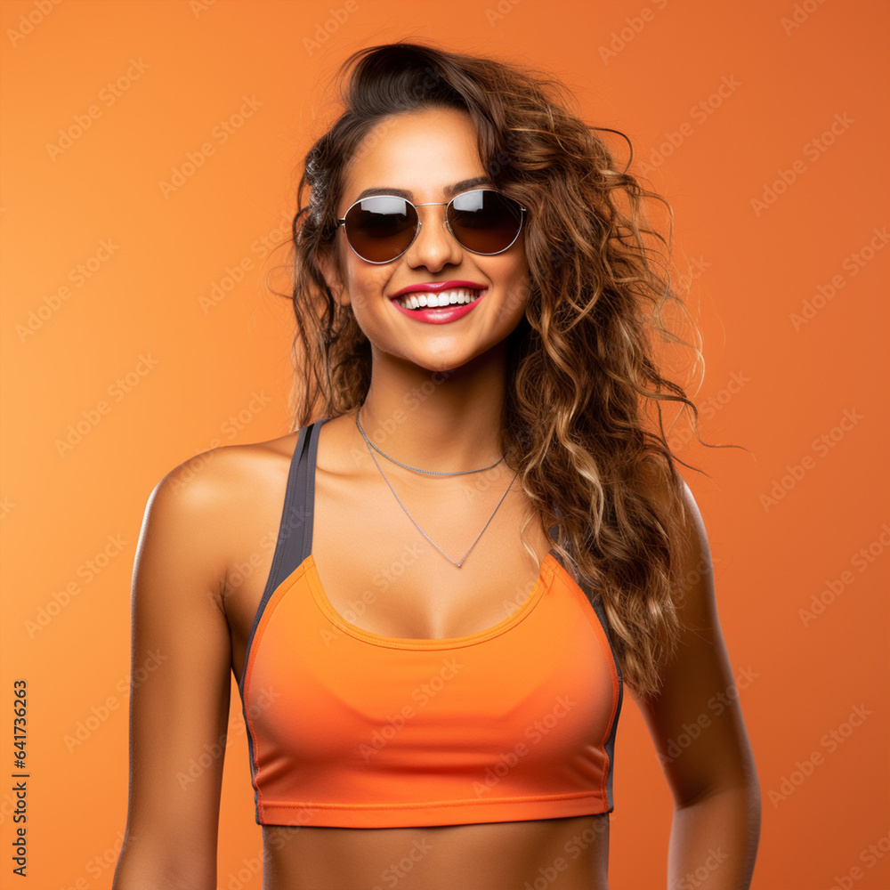 Beautiful woman model with an excited, sunglasses and smiling on orange background, ai technology Beautiful woman model with an excited, sunglasses and smiling on orange background, ai technology