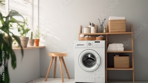 Washing machine and laundry basket in laundry room at home. © visoot
