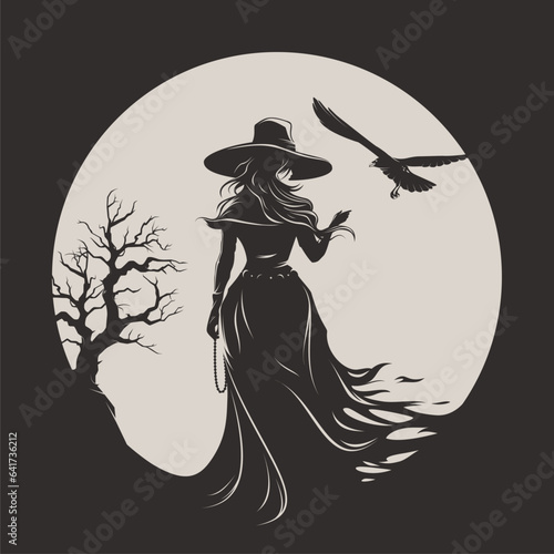 Back view of witch woman in black dress and big magic hat with raven on the moon and tree background. 