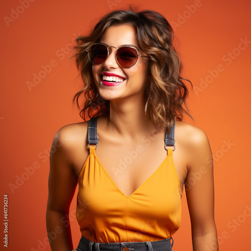 Beautiful woman model with an excited, sunglasses and smiling on orange background, ai technology
