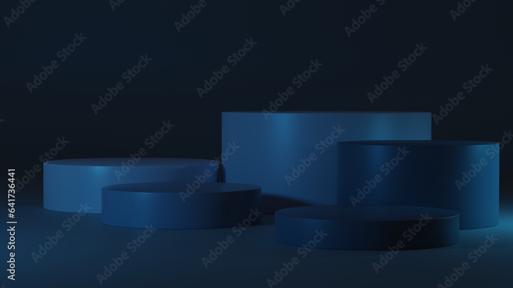 Dark room with podiums in the center and blue highlights and illumination - 3D Illustration Dark room with podiums in the center and blue highlights and illumination - 3D Illustration
