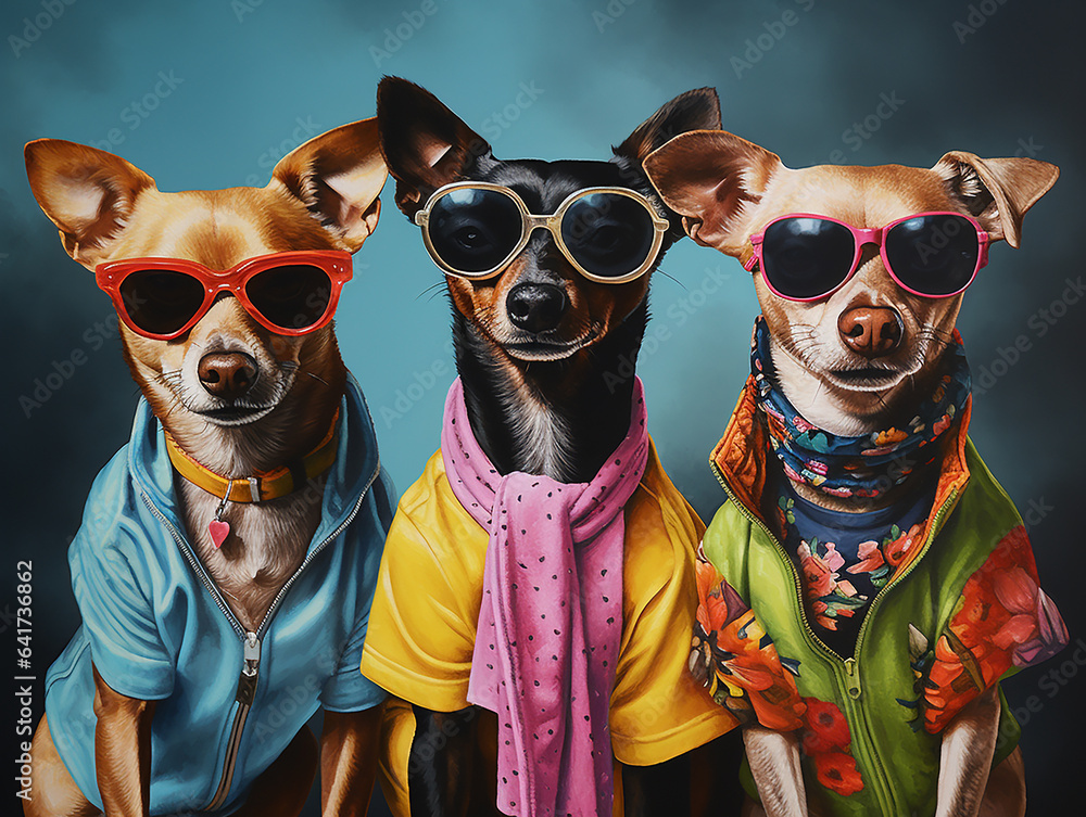Stylish dogs in bright sunglasses and playful collars, wearing stylish clothes Stylish dogs in bright sunglasses and playful collars, wearing stylish clothes