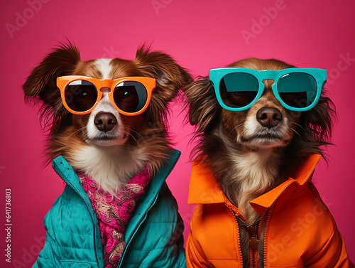 Stylish dogs in bright sunglasses and playful collars, wearing stylish clothes © Наталья Перова