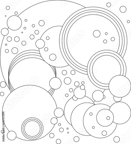 abstract black and white background with circles of different sizes. Different circles with a black outline