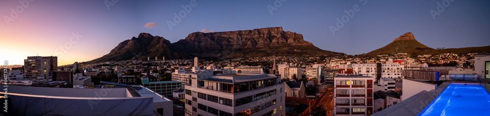 Naklejka premium Aerial view of Cape Town city centre at sunset in Western Cape, South Africa