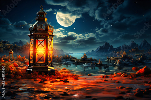 an image of a desert lit at night, with a lantern