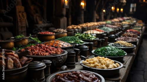 Traditional Turkish and Greek dinner appetizer table with meat and vegetables.