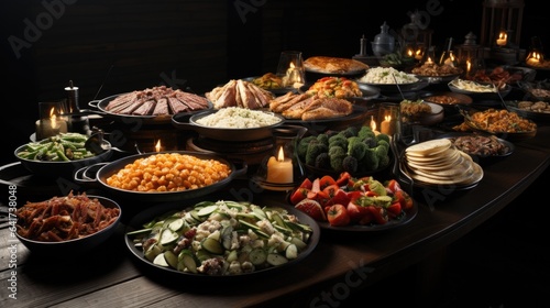 Traditional Turkish and Greek dinner appetizer table with meat and vegetables.