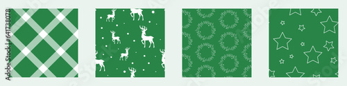 White on Green Festive Christmas Seamless Vector Patterns: Reindeer, Wreaths, Stars, and Diamonds Check Digital Wrapping Paper