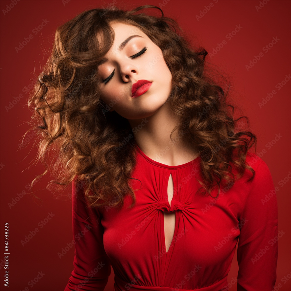 Close up photo of charming girl with her eyes closed sending air kisses having brunette wavy curly hair wearing dress isolated over red background, ai technology Close up photo of charming girl with her eyes closed sending air kisses having brunette wavy curly hair wearing dress isolated over red background, ai technology