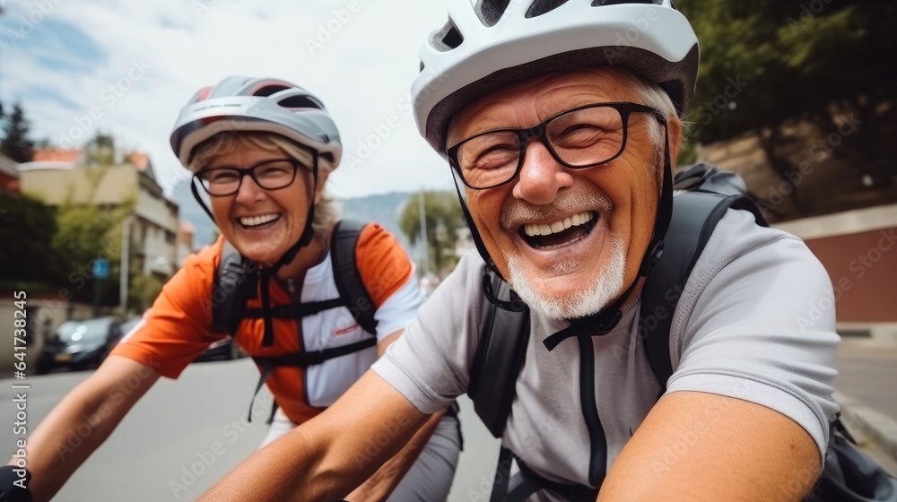 Happy retired people in protective helmets are riding bike together exploring city. Happy retired people in protective helmets are riding bike together exploring city.
