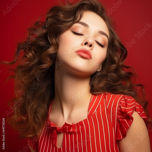 Close up photo of charming girl with her eyes closed sending air kisses having brunette wavy curly hair wearing dress isolated over red background  ai technology