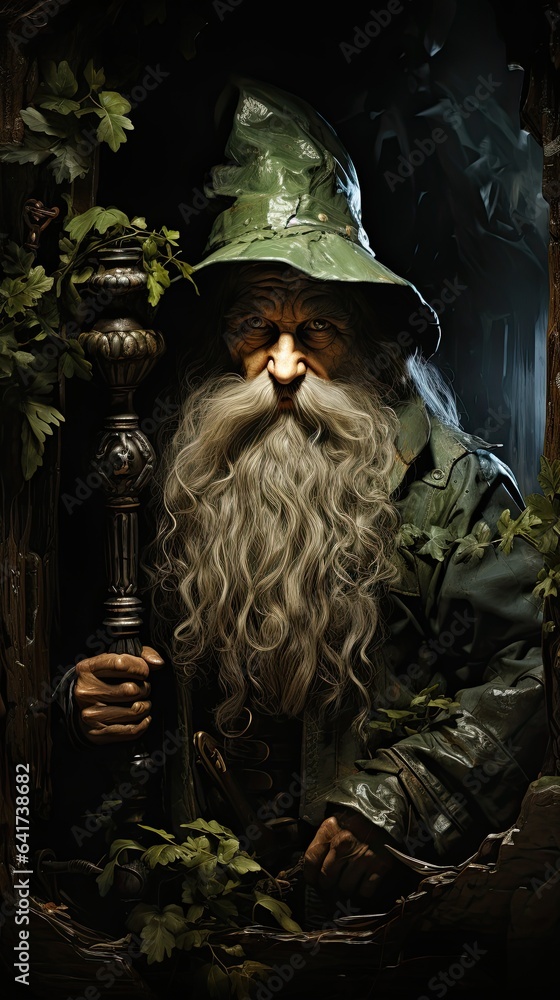 Portrait of a wizard in an enchanting fantasy forest, wielding magic amidst mystical trees and creatures. Generative Ai.
