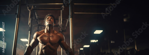 African-american athlete with healthy muscular body doing pull-ups on horizontal bar in gym, copy space. Created with Generative Ai technology.