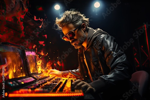 An illustration capturing the essence of a DJ, with headphones, turntables, and a dynamic atmosphere, evoking the energy and rhythm of the music scene. Generative Ai.