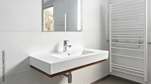 Interior of an elegant bathroom, Sink bowl on wooden cabinet and shelving unit.