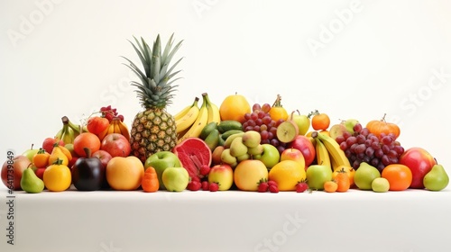 Fruits were placed in a row on a white background with space for text. 