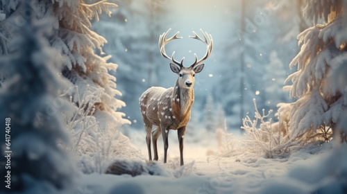 Male Deer buck with beautiful big horns in winter snow forest. Illustration of Christmas landscape.