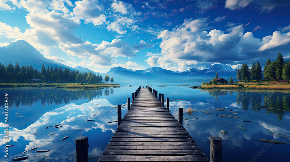 a wooden walkway goes into the water, with a dramatic sky - obrazy, fototapety, plakaty 