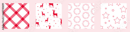 Red Festive Christmas Holiday Seamless Vector Patterns: Reindeer, Wreaths, Stars, and Diamonds Check Digital Wrapping Paper
