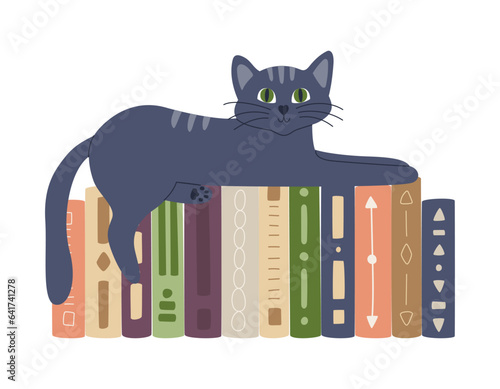 Hardcover books with different patterns stand in a row. Cute cat lying on books. Home library for lovers of reading. Flat cartoon vector illustration isolated on a white background.