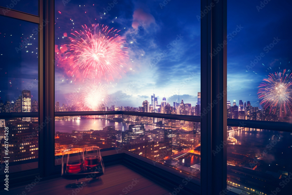 Ai generated image of firework from window view - obrazy, fototapety, plakaty 