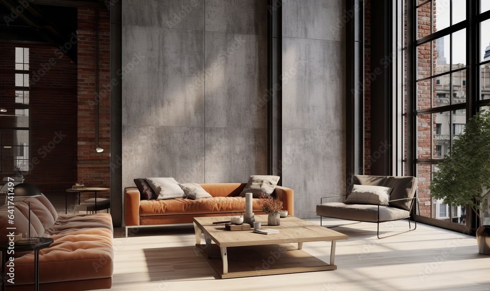Living room loft in industrial style ,3d render, Generative AI - obrazy, fototapety, plakaty 