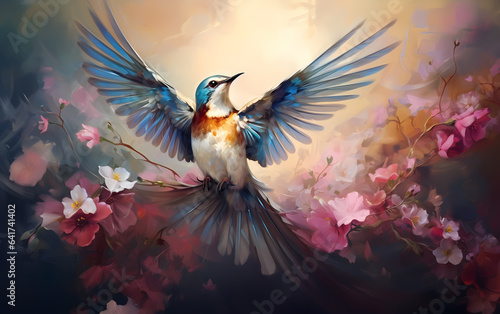 Bird illustration with open wings and floral ornament. Artwork in oil painting style. Cinematic light. © MARCELO