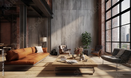 Living room loft in industrial style ,3d render, Generative AI