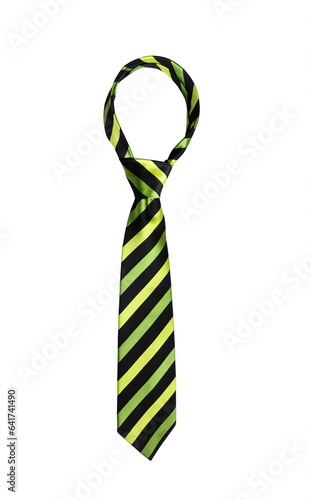 Elegant green striped silk men's tie isolated on white background.