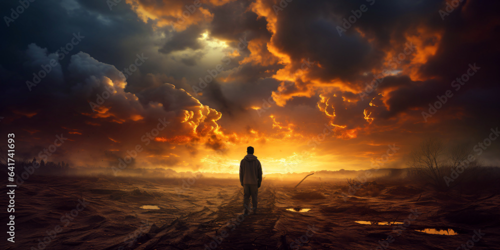 a lonely person stands in the middle of a desolate landscape in front of an approaching dramatic storm