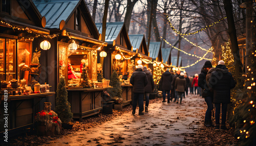 A bustling holiday market adorned with twinkling lights, where shoppers explore stalls filled with artisan crafts