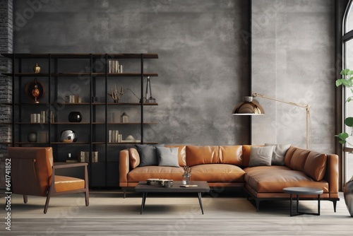 Living room interior in loft, industrial style, 3d render, Generative AI