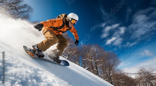 snowboarder jumping in the snow, snowboarder jumping in the mountains, snowboarder doing tricks on snow in mountains © Gegham
