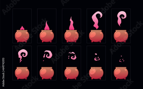 The witch's cauldron with smoke  animation set. 2d cartoon magic pink color elixir animated sprite sheet frames.