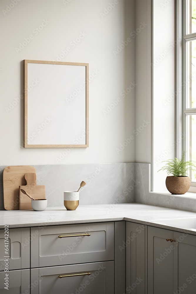 Mock up poster frame in kitchen interior, Scandinavian style, 3d render, Generative AI Mock up poster frame in kitchen interior, Scandinavian style, 3d render, Generative AI