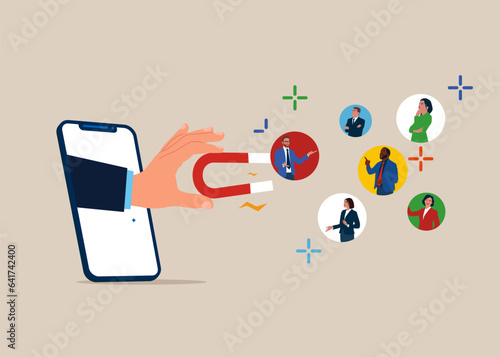Social media holding magnet to Retention clients with a magnet. Vector illustration