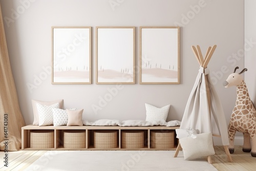 Mock up frame in children room with natural wooden furniture, Farmhouse style interior background, 3D render, Generative AI