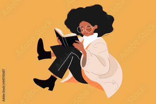 Young black girl reading a book. Modern vector flat trendy illustration. Young student with open book studying for exam. Love to read.