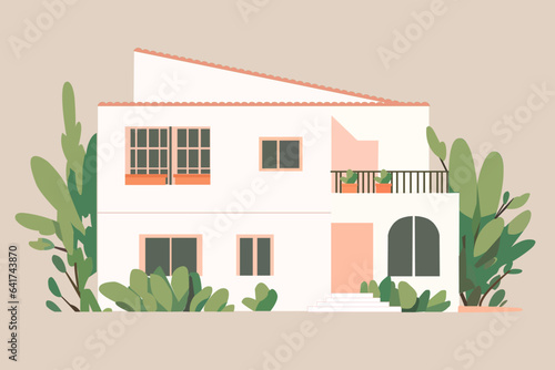 Modern eco house with greenery and balcony. Minimalistic vector illustration in pastel colors